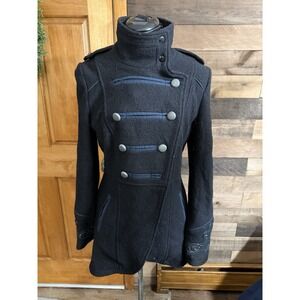 FREE PEOPLE Wool Military Inspired Double Breasted Peacoat Black Embroidered 4